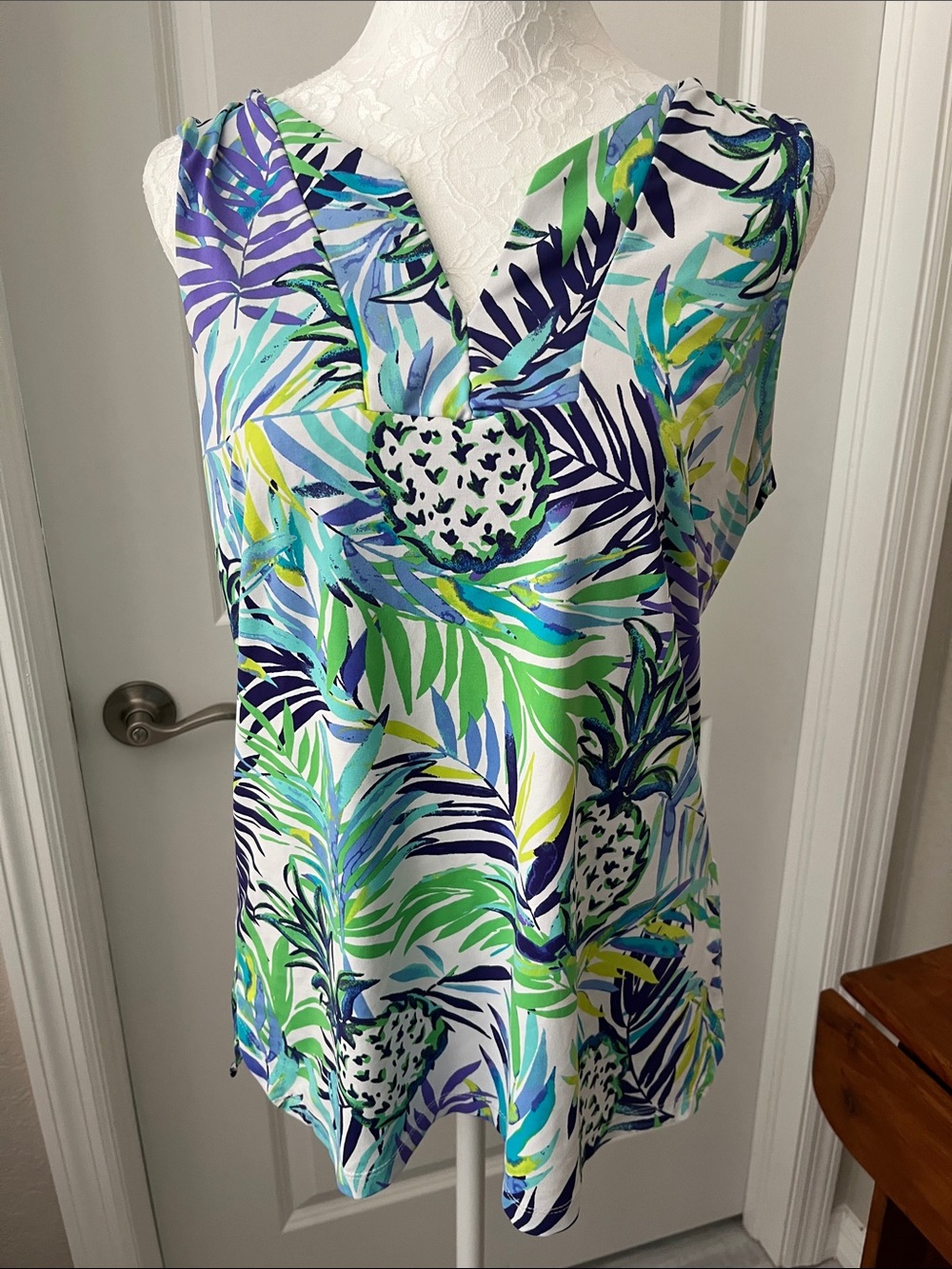 Sunsets & Sweet Tea Tropical Leaf Sleeveless Top - Green & Blue